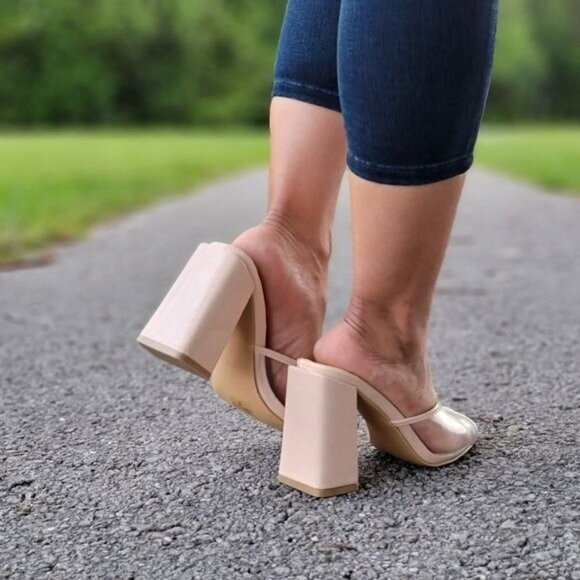 Clear Chunky Block Mid Heel Mule Sandals Nude Color - Picture 6 of 8